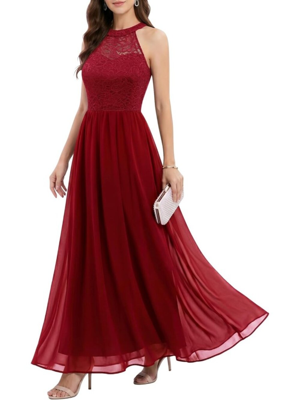 Women's Dark Red Halter Neck Floral Lace Bridesmaid Cocktail Bodycon Maxi Dress